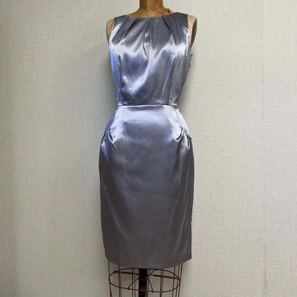 NWT Deadstock 2000s Pleated Neck w Pockets Gray Satin Pencil Dress P6 Medium $79